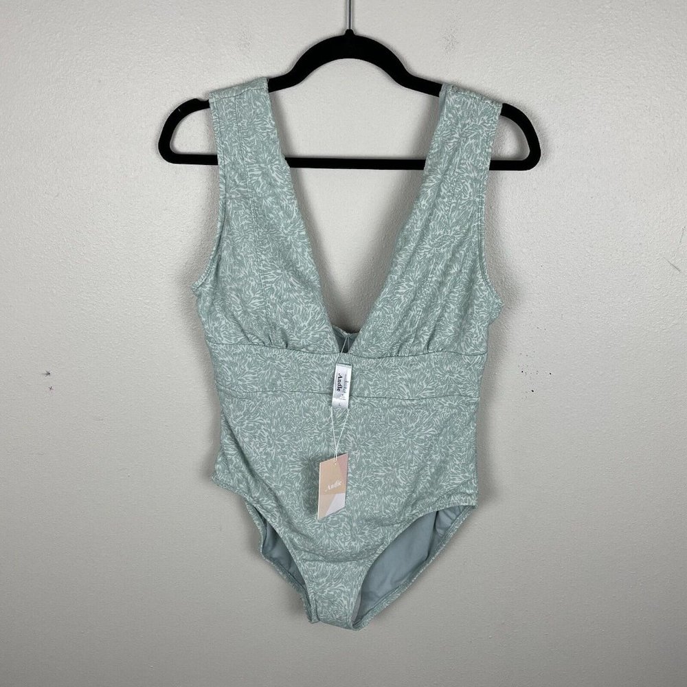 Andie The Mykonos Floral One Piece Swimsuit Plunge Neck Mint Sea Green Sz L NWT